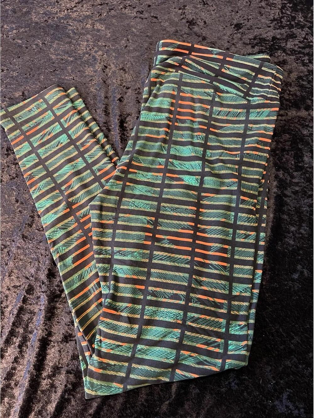 LuLaRoe Leggings Tall & Curvy TC Black Grid Orange Green Fern High Rise NWOT